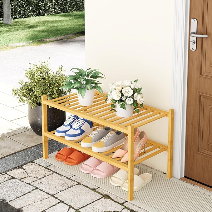 Smiry Shoe Rack, 2 Tier Thick Bamboo Shoe Organizer, Stackable Free Standing Wooden Shoe Storage Shelf for Closet, Entryway, 