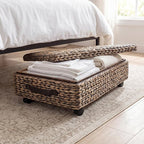 happimess BSK1006B 26.38" Chett Minimalist Hand-Woven Hyacinth/Wood Underbed Storage Bin with Wheels and Handles for Storage 