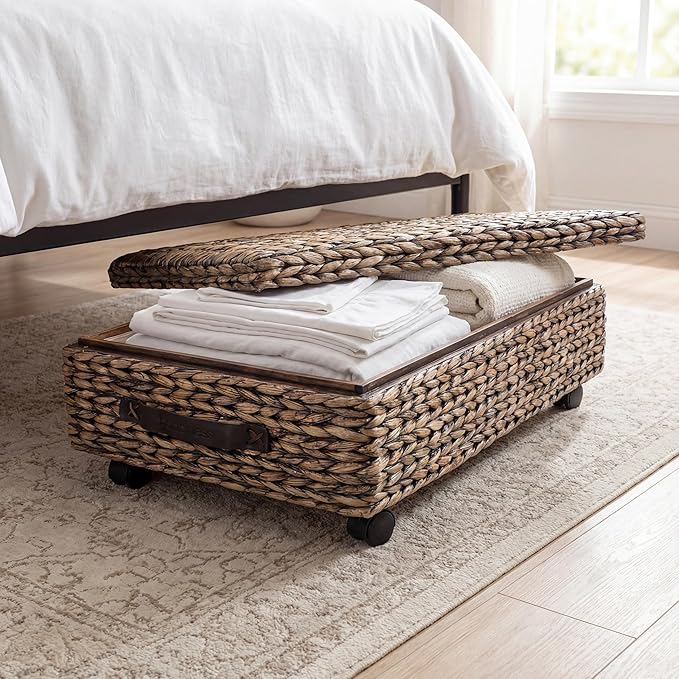 happimess BSK1006B 26.38" Chett Minimalist Hand-Woven Hyacinth/Wood Underbed Storage Bin with Wheels and Handles for Storage 