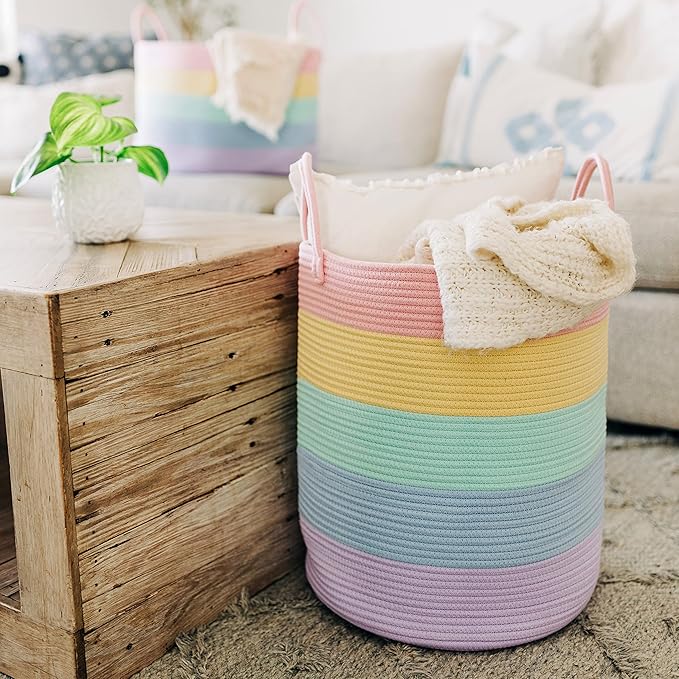 OrganiHaus Large Rainbow Woven Laundry Basket w/Handles 52L, Decorative Toy Storage Bin for Nursery, Colorful Blanket Basket 