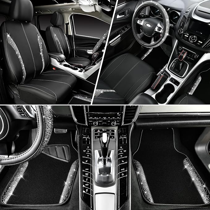 CAR PASS Leather Bling Diamond Car Seat Covers Front & Waterproof Rhinestone Car Floor Mats 4pcs & Sparkly Steering Wheel Cov