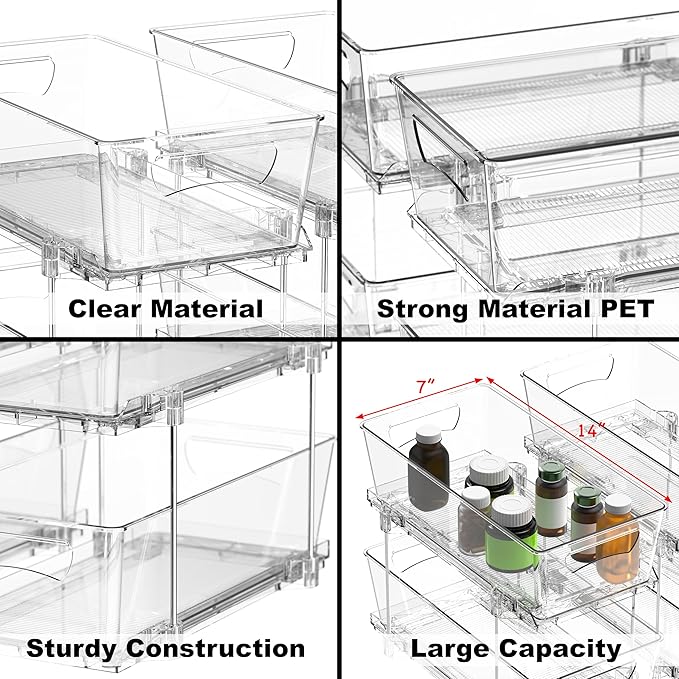 Simple Houseware 2 Tier Basket Drawer Cabinet Pull-Out Organizer, 2 Pack, Clear