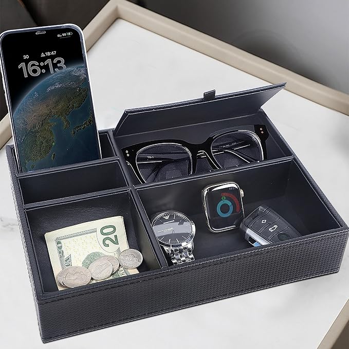 Zcaukya Men's Valet Tray, Jewelry Box Nightstand Organizer with 5 Compartments for Phone Keys Wallet Watch Glasses, Faux Leat