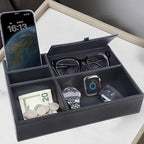 Zcaukya Men's Valet Tray, Jewelry Box Nightstand Organizer with 5 Compartments for Phone Keys Wallet Watch Glasses, Faux Leat