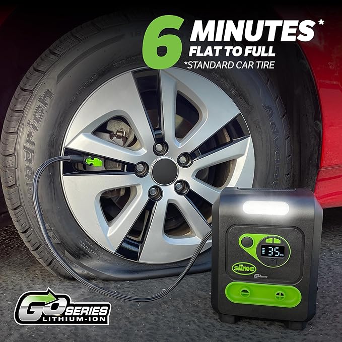 Slime 40085 Tire Inflator, Cordless, Multi-Purpose, Portable Air Compressor Pump, Auto Shut-Off, Lithium Ion Battery and LED Light, Rechargeable, 6 min Inflation