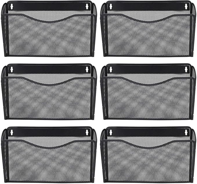 EASEPRES 6 Single Pocket Mesh Hanging File Organizer, Vertical Wall Mounted Magazine File Holder, Mount Basket Mail Paper Doc