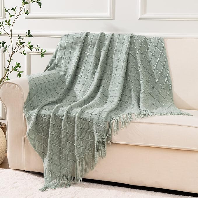 BATTILO HOME Sage Green Throw Blanket for Couch, Boho Bed Throws Blanket, Spring Decorative Light Blue Throw Blanket for Sofa