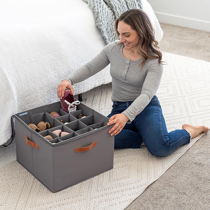 OrganiHaus Large Shoe Storage Bin for Closet, Shoe Organizer Box Fits up to 16 Pairs, Collapsible Fabric Shoe Basket w/Clear 