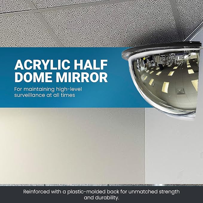 18” Acrylic Bubble Half Dome Mirror with Black Rim, Round Indoor Security Mirror for Driveway Safety Spots, Outdoor Warehouse Side View, Circular Wall Mirror for Office Use - Vision Metalizers (DPB1812)