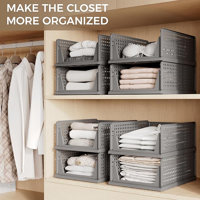 PinkPum 6 Pack Closet Organizers and Storage Plastic Stackable Storage Bins, Foldable Drawer Shelf Storage Container for Ward