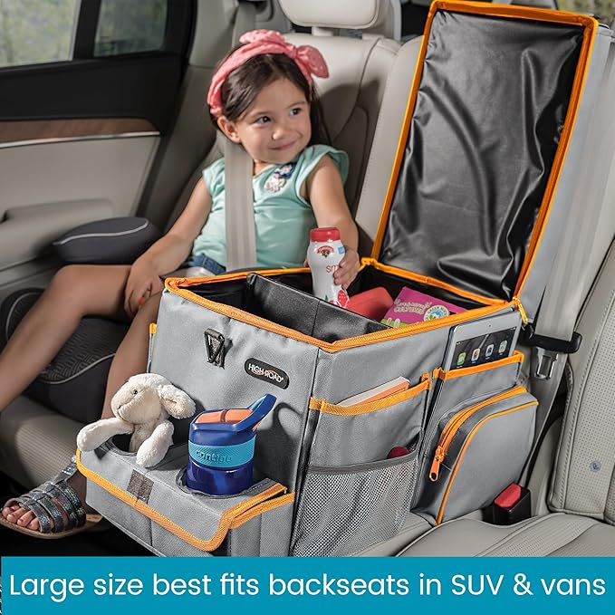 High Road CarHop Car Seat Organizer - Front Seat Organizer for Driver and Back Seat Organizer for Kids with Cup Holders, Study Tray Lid, Side Pockets and Cooler or File Compartment (Gray)