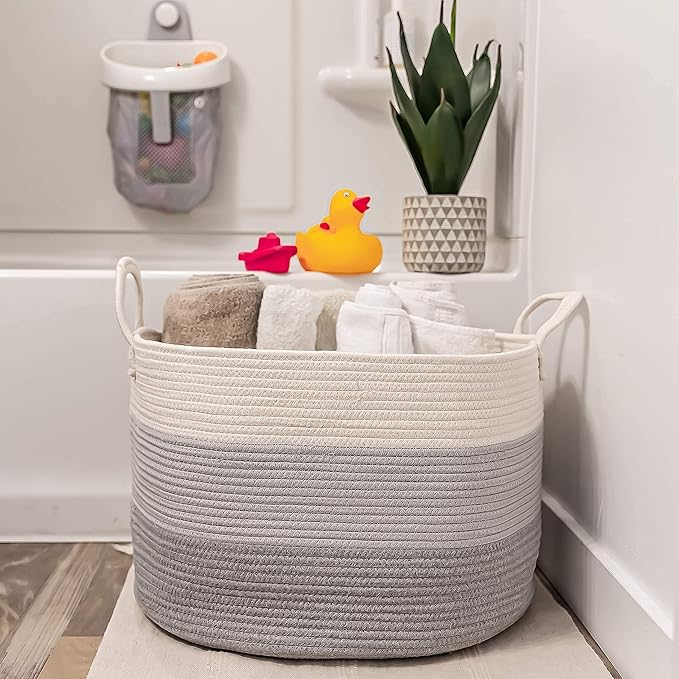 OrganiHaus Large Woven Storage Basket for Blankets and Toys 20" x 13" Inch, Rope Laundry Basket with Handles, Cushions & Pill