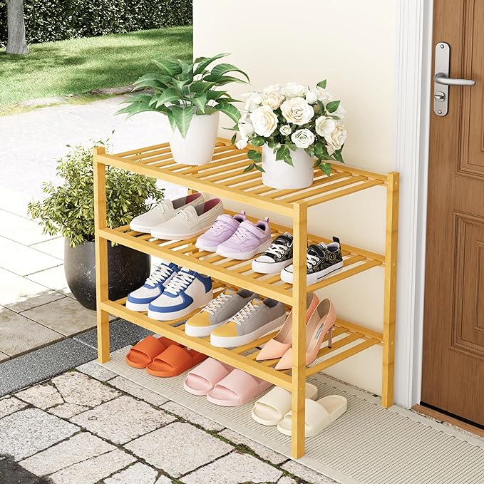 Smiry Shoe Rack, 3 Tier Thick Bamboo Shoe Organizer, Stackable Free Standing Wooden Shoe Storage Shelf for Closet, Entryway, 