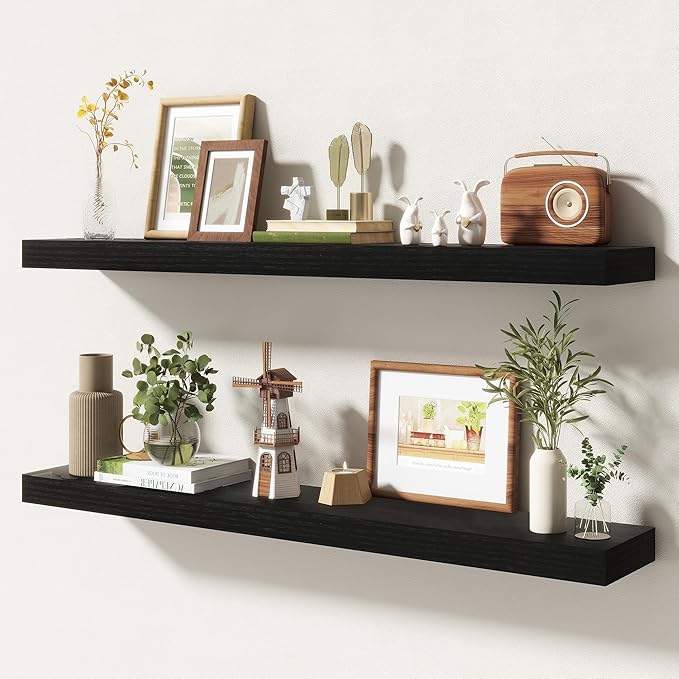 40 Inch Floating Shelves | 6.5 Inch Deep Black Floating Shelves Set of 2 | 40" W x 6.5" D Rustic Black Wood Wall Shelves with