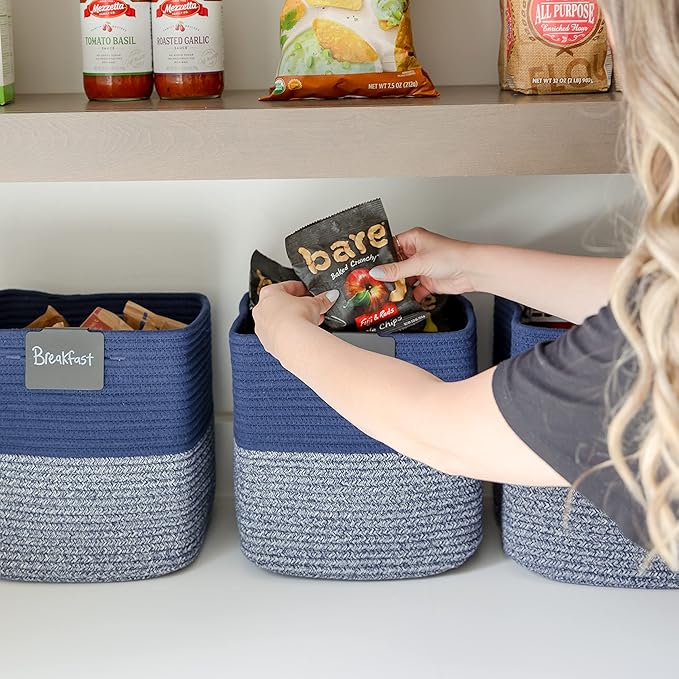 NaturalCozy Storage Cubes 11 Inch Cotton Rope Woven Baskets for Organizing, 3-Pack | Cube Storage Bin | Square Storage Basket