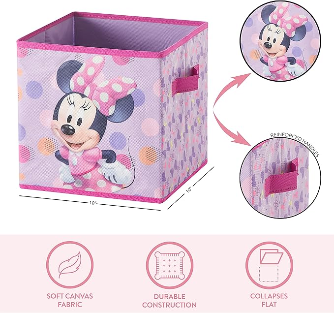 Idea Nuova Disney Minnie Mouse Set of Two Spacious Collapsible Storage Cubes, 10"x10", Minnie Mouse / Pink