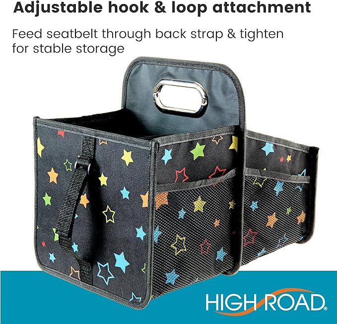 High Road Car Seat Caddy Organizer with Cup Holders - Middle Seat Car Organizer for Kids or Passenger Seat Organizer for Drivers - Portable Car Storage Bin with Easy Carry Handle (Starry Night)