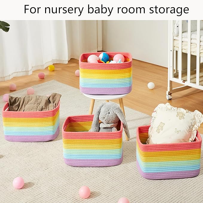 Rainbow Rope Basket for Storage 4 Pack Baskets for Shelves Woven Toy Storage Bins for Nursery Kids in Classroom 12.7"Lx9"Wx7.