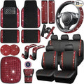 CAR PASS 23 PCS Bling Diamond Car Accessories Set for Women, Leather Car Seat Covers Full Set Sparkly Rhinestone15'' Steering Wheel Covers Shining Diamond Car Floor Mats Cute Car Interior Sets, Red