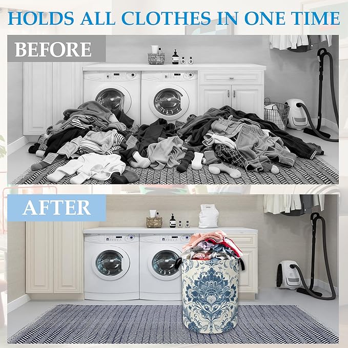 Vintage Blue Floral Laundry Basket Collapsible Laundry Hamper Clothes Toy Storage Bin for Bathroom Bedroom Room Decor 16" X 2
