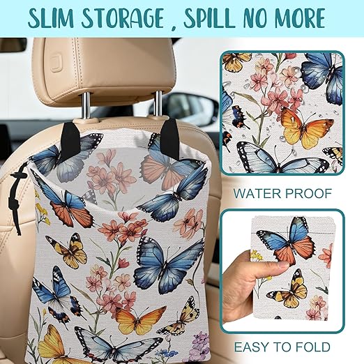 Car Trash Bag Colorful Butterfly Floral Leak-Proof Car Garbage Bag with Drawstring Foldable Canvas Trash Bin with Adjustable Buckle for Car Accessories, Travelling, Camping