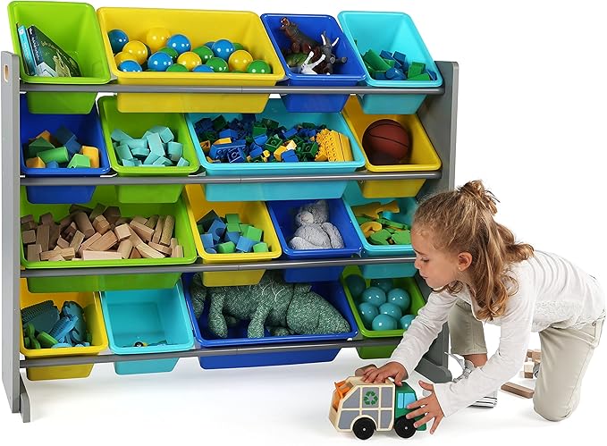 Humble Crew Supersized Toy Storage Organizer with 16 Removable Bins, Grey/Blue/Green/Yellow – Large Toy Storage for Toddlers 