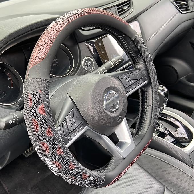 PINCTROT D Shaped 14 Inch Small Sized Steering Wheel Cover Great Grip with 3D Honeycomb Anti-Slip Design, Flat Bottom 14 Inch (Wine Red)