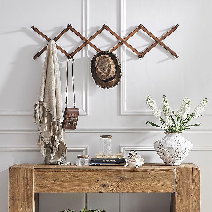 SKOLOO Hat Rack for Wall with 14 Hooks, Pack of 2, Solid Wooden, Modern, Expandable Coat Rack Wall Mount for Coats, Hats, Bag