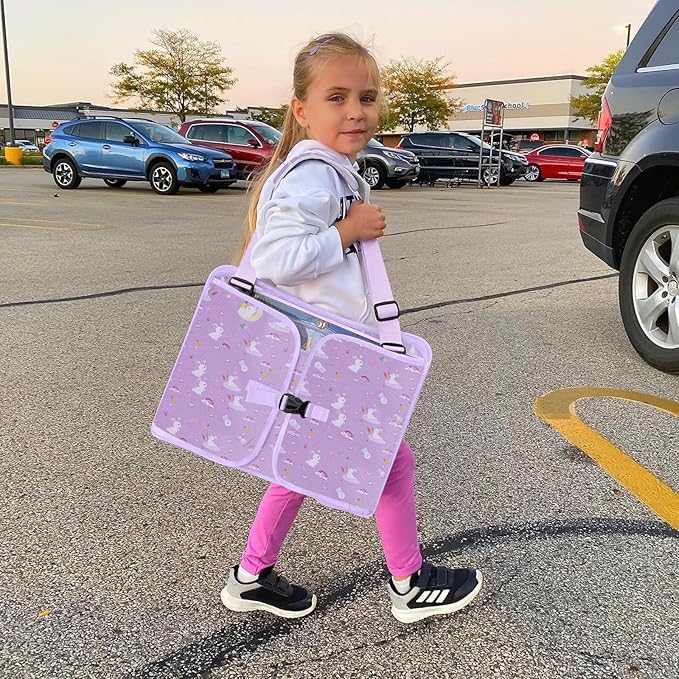 MENZOKE Kids Travel Tray for Toddler Car Seat, Toddler Gift for Girl Activities with Dry Erase Board & iPad Holder Stand, Road Trip Essentials Accessories Lap Tray for Girl as Birthday Gift, Purple