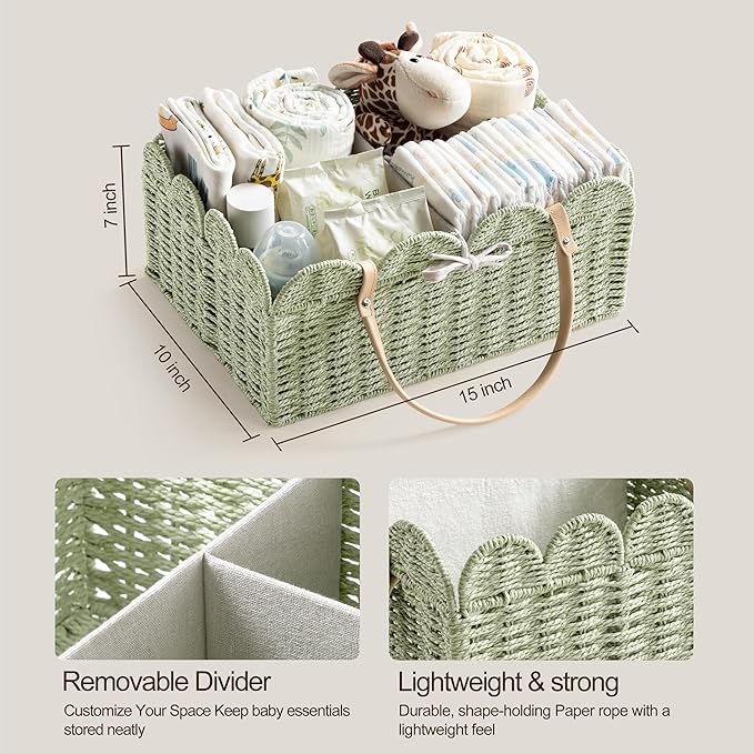 HBlife Large Baby Diaper Caddy, Paper Rope Scalloped Storage Baskets Nursery Bin with Removable Divider, Portable Car Organiz