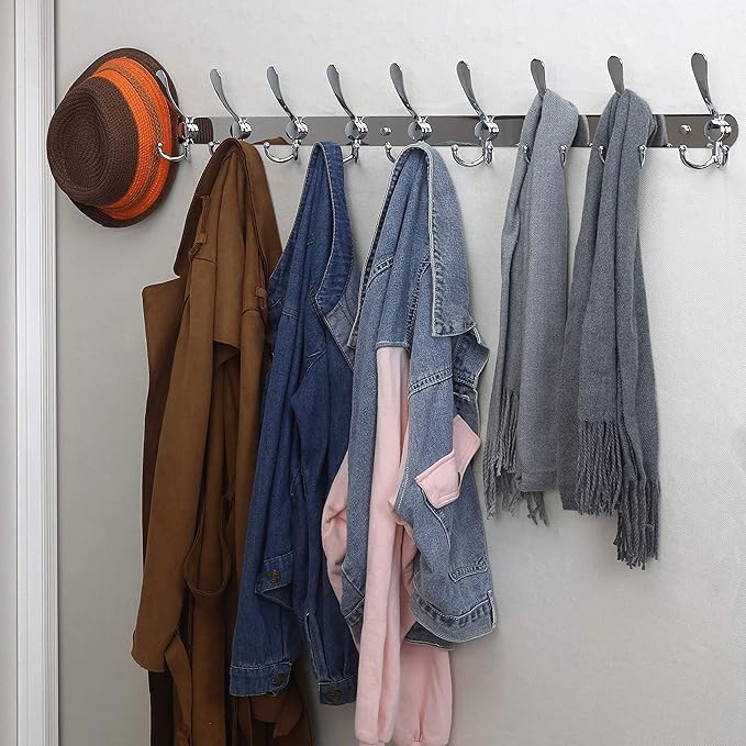 Dseap Coat Rack Wall Mount - 38” Long 10-Tri-Hooks Heavy Duty Coat Hanger Rail Wall Hooks for Hanging Coats Hats Clothing Clo