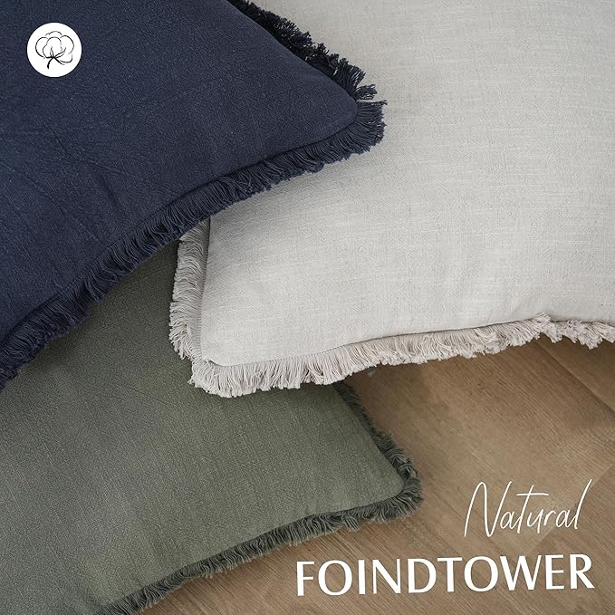 Foindtower Set of 2 Decorative Linen Fringe Throw Pillow Covers Boho Farmhouse Cushion Cover with Tassels Accent Pillowcase f