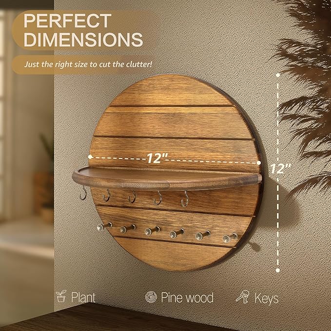 Rebee Vision Pine Wood Key Holder Wall Mount - Farmhouse Key and Mail Holder for Wall with Hooks and Decorative Wall Shelf - 