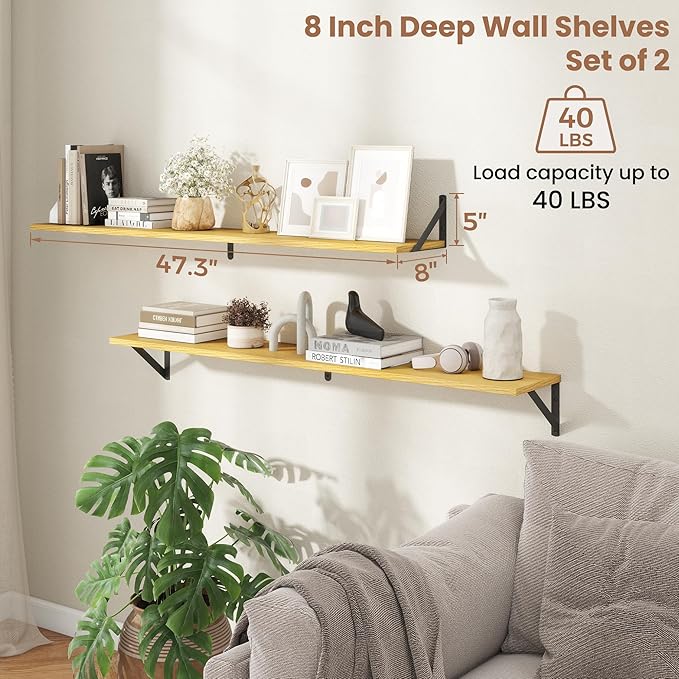Axeman 48 Inch Floating Shelves | 8 Inch Deep Oak Wall Shelves Set of 2 | 47.3W x 8D Rustic Wood Shelves for Bookshelf Living