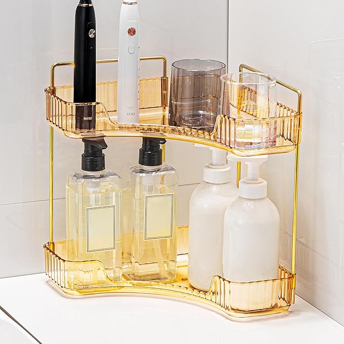 Corner Bathroom Counter Organizer Bathroom Countertop Shelf Makeup Organizer for Vanity Perfume Tray for Corner Storage (2 Ti