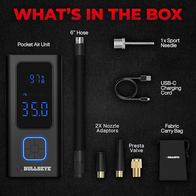 POCKET AIR Tire Inflator Portable Air Compressor by Bullseye Pro for Tires, Balls, Bike with Persta Valve, Auto Shut Off, Inflates in 2 Min, Cordless Rechargeable 4000MAH,100 PSI, SoS Light