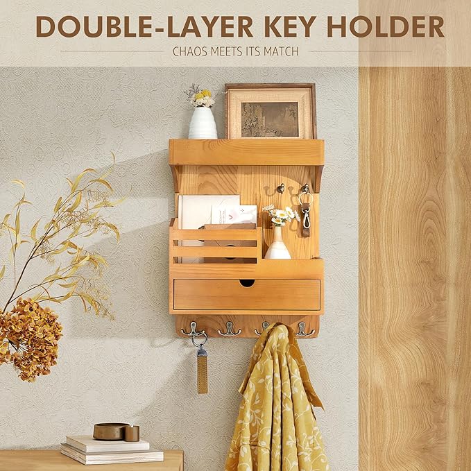 Modern Farmhouse Key Holder Wall Mount with Drawer Organizer – Pine Wooden Mail and Key Organizer with 6 Durable Hooks & Floa