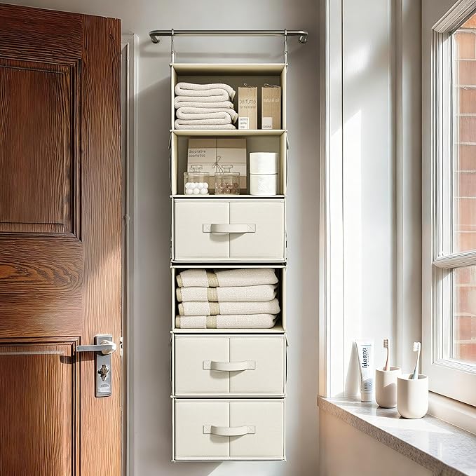 Vailando 6-Shelf Hanging Closet Organizer with 3 Drawers, 2 Separable 3-Shelf Closet Organizers and Storage for Wardrobe Orga
