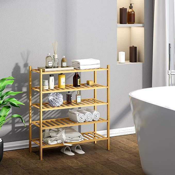 BMOSU 5-Tier Bamboo Shoe Rack Premium Stackable Shoe Shelf Storage Organizer for Hallway Closet Living Room Entryway Organize
