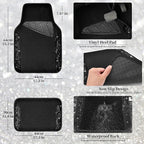 CAR PASS Universal Black Leather Lace Car Seat Covers Full Set for Women Girls,Waterproof Car Floor Mats Carpet,Glitter Steer