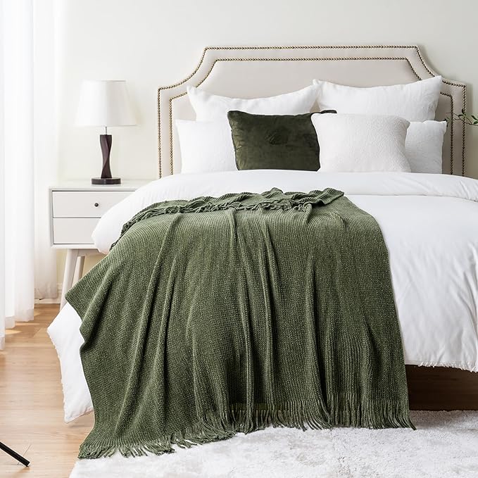 BATTILO HOME Olive Green Throw Blanket for Couch, Soft Chenille Knit Throws with Tassels for Home Decor, Green Throws for Cou