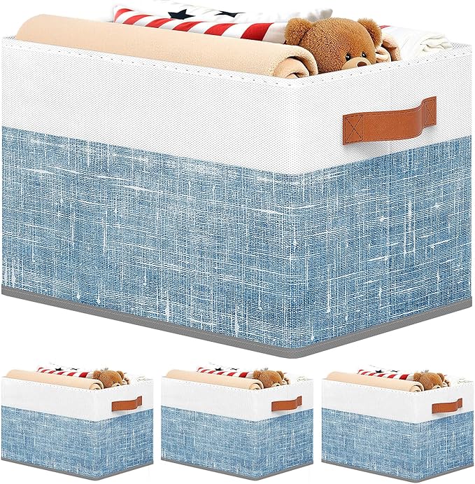 Fab totes Collapsible Storage Baskets for Shelves,14"x10", 4 Pack Foldable Fabric Storage Bins with Double Leather Handles, L