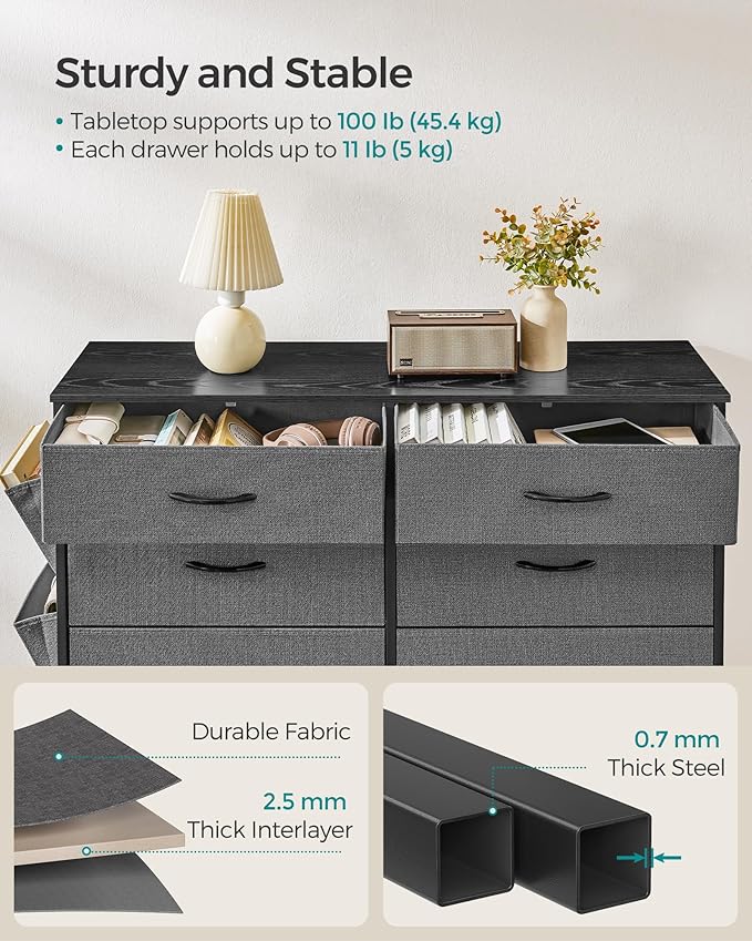 SONGMICS 6-Drawer Dresser for Bedroom, Chest of Drawers with Side Pockets, Drawer Dividers, Fabric Storage Organizer for Clos
