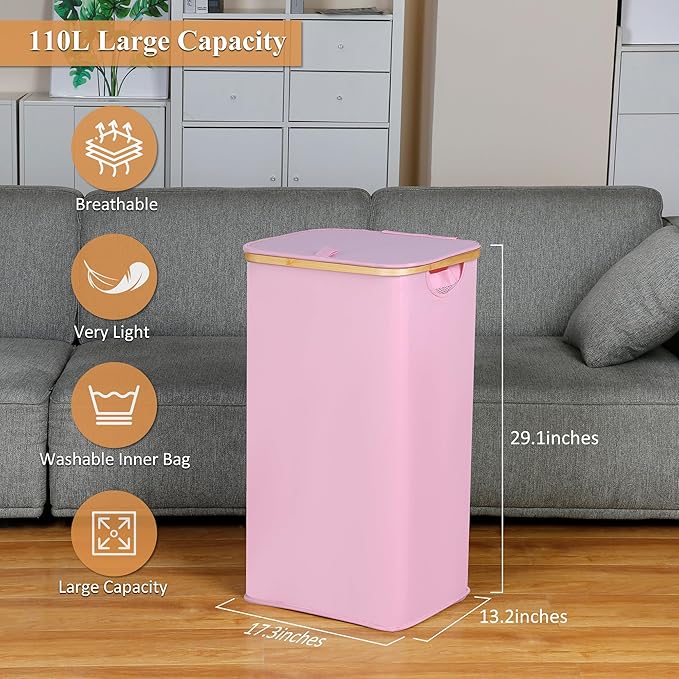iEGrow Laundry Hamper with Lid, 110L Large Laundry Basket with Handle and Lid, Collapsible Clothes Basket Organizer with Remo