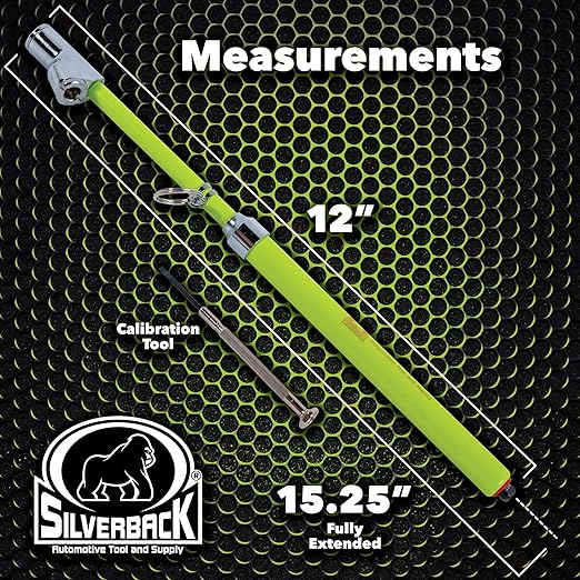 Silverback Hi-Visibility Green Dual Foot Commercial Truck Tire Pressure Gauge, Recalibratable. Heavy Duty Stick Gauge with Black Metal Bar, Range 10-150 PSI in 2 PSI Increments.