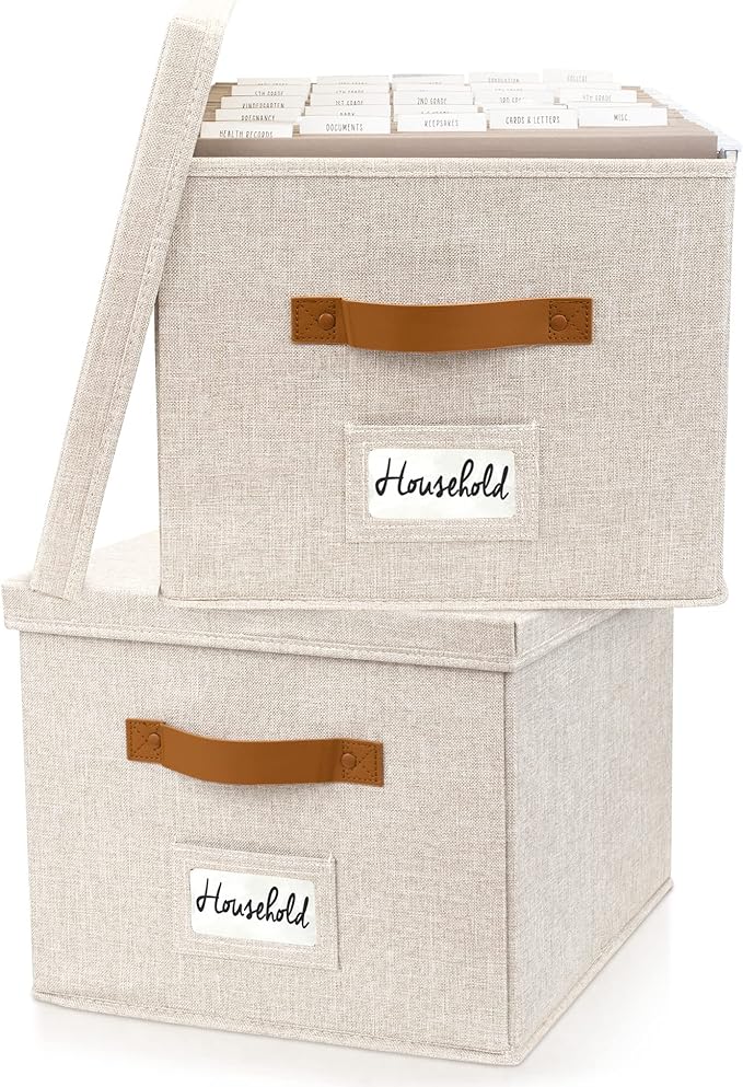 ZICOTO Decorative File Organizer Box Set of 2 - Collapsible Linen Filing Cabinets w/Handles Are Perfect to Store all Your Doc