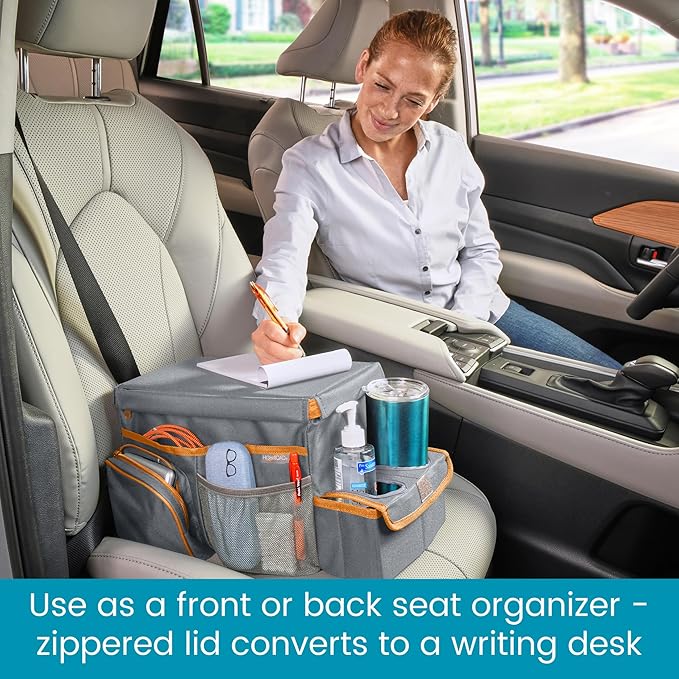High Road CarHop Car Seat Organizer for Kids and Adults with Cup Holder Tray, Side Pockets and Cooler Compartment (Medium, Gray)
