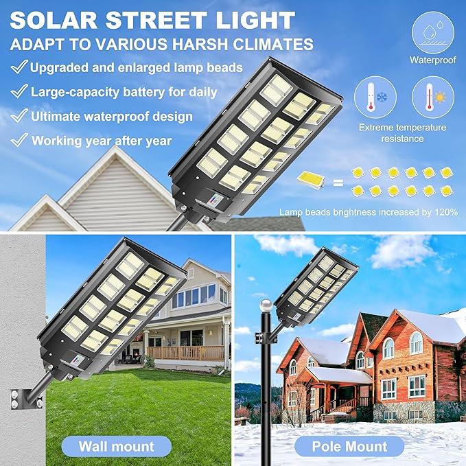 Loyoele 9000W Solar Street Lights Outdoor 240000 Lumens Solar Flood Light with Remote Control & Motion Sensor, Waterproof IP66 Dusk to Dawn Solar Power Lights for Garden,Yard, Path, Parking Lot 1-Pack