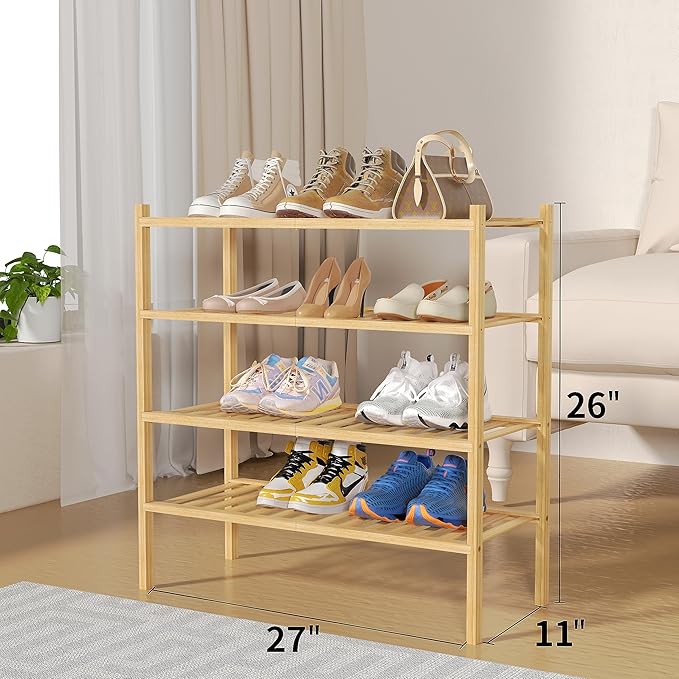 ROMGUAR CRAFT 4 Tier Bamboo Shoe Rack for Closet Free Standing Wood Shoe Shelf for Entryway Small Space Stackable 27"x11"x26"