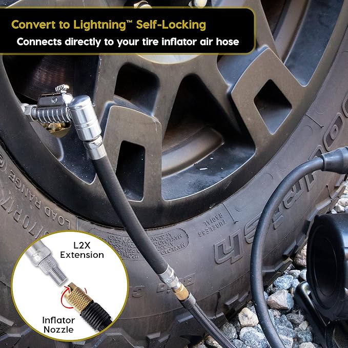 JACO Lightning L2X Quick-Connect Locking Tire Inflator Air Chuck Extension | Patented Lock-on Compressor Hose Attachment | 90 Degree Adapter (Open Flow)